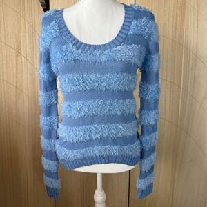 Vintage Y2K Striped Fuzzy Eyelash Knit Sweater Powder Blue Love Crazy
